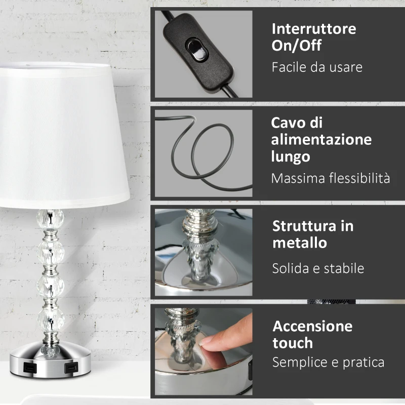 HOMCOM Lampada da Tavolo con Cristalli e 2 Prese USB, Interruttore Touch e Attacco E27, Ф23x45cm, Bianco e Argento