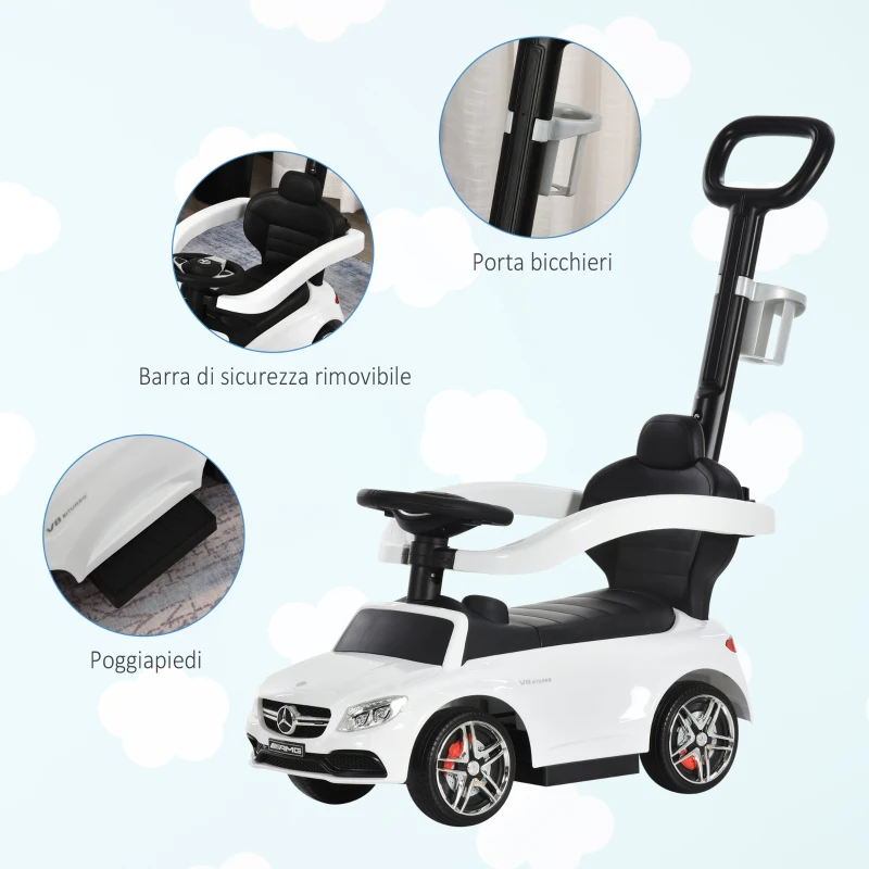 HOMCOM Macchina Cavalcabile per Bambini 12-36 Mesi con Maniglione e Barre di Sicurezza Rimovibili, Licenza Mercedes, Bianca