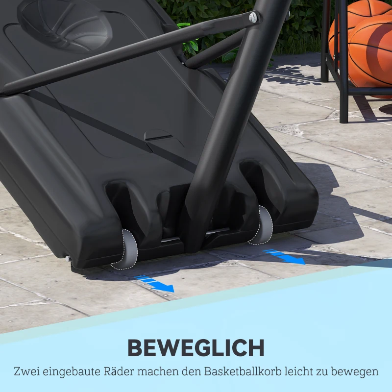 HOMCOM Basketballständer tragbar freistehend verstellbarer Basketballständer mit zwei beweglichen Rädern geeignet für den Außen- und Innenbereich Stahl PVC HDPE Schwarz 110 x 75 x 220-365 cm