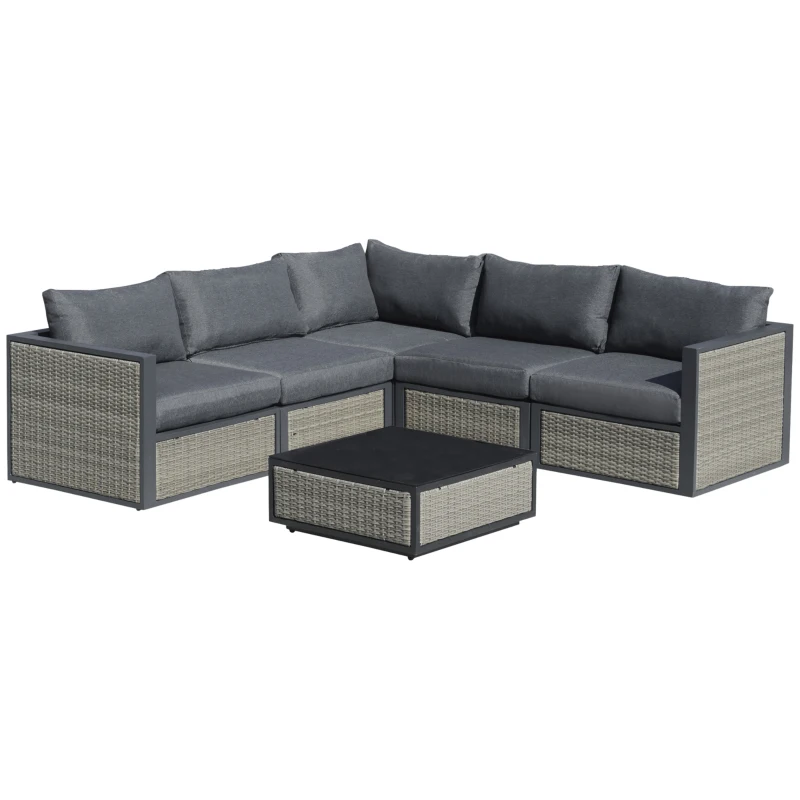 Outsunny 6 Pieces Patio Wicker Corner Sofa Set, Outdoor PE Rattan Sectional Conversation Aluminum Frame Furniture Set w/ Padded Cushion & Coffee Table, Grey