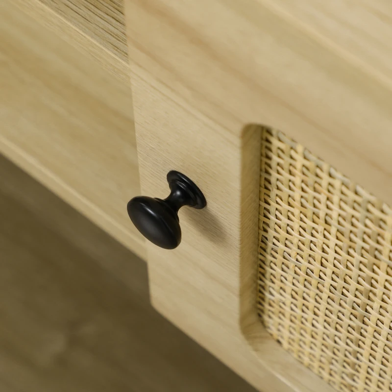 HOMCOM Meuble TV 2 portes cannage en rotin 2 niches avec 2 passe-câbles - pieds métal noir 150 x 39 x 48,3 cm naturel