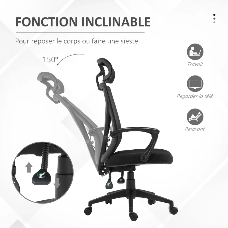 HOMCOM Fauteuil de bureau manager grand confort dossier ergonomique inclinable hauteur assise réglable pivotant tissu maille noir