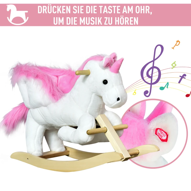 HOMCOM Schaukeltier Schaukeleinhorn mit Soundfunktion, Holzkufen und Griffen, Baby Schaukeltier mit Plüschoptik, für 1,5-3 Jahre Kinder