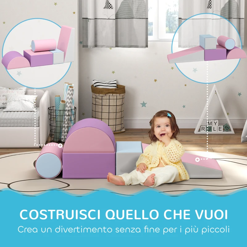 HOMCOM Set Costruzioni Morbide per Bambini 1-3 Anni con 5 Blocchi Colorati in Finta Pelle e Schiuma Multicolore