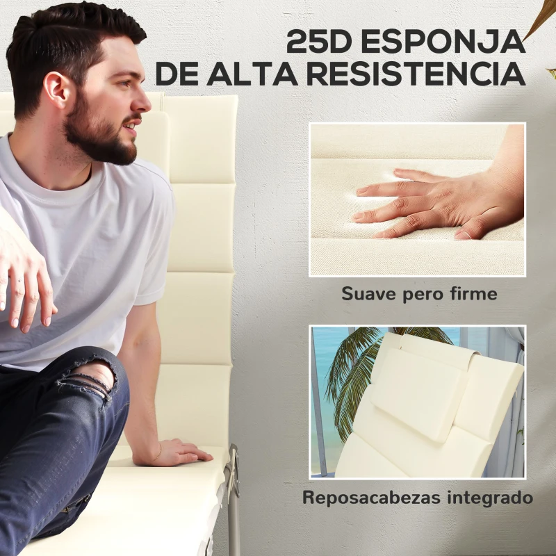 Outsunny Pack 2 Cojines para Tumbonas Plegables 203x66x3 cm con Reposacabezas y Correas de Sujeción Crema