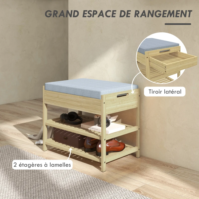 HOMCOM Banc meuble à chaussures pour entrée avec 2 étagères à lattes en bambou et 1 tiroir 55 x 35 x 46 cm naturel