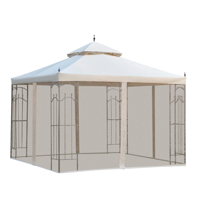 Outsunny 3(M)x3(M) Garden Gazebo Double Top Outdoor Canopy Patio Event Party Wedding Tent Backyard Sun Shade with Netting - Cream White