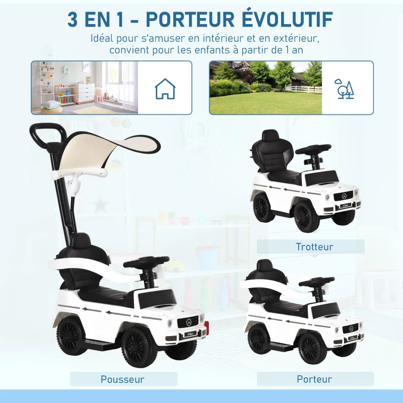 HOMCOM Porteur Enfants Voiture Enfant Multi-équipée 12-36 Mois klaxon Marche-Pieds, Garde-Corps et ombrelle Blanc
