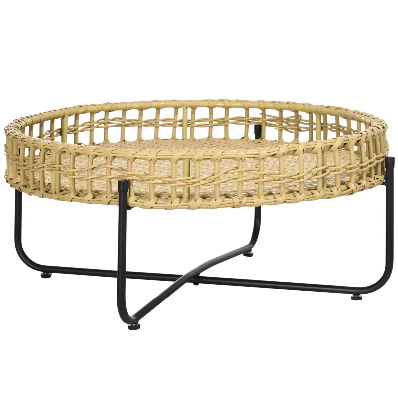 Outsunny Table basse de jardin ronde avec plateau en résine tressée aspect rotin et piètement en métal noir - 68 x 68 x 30 cm