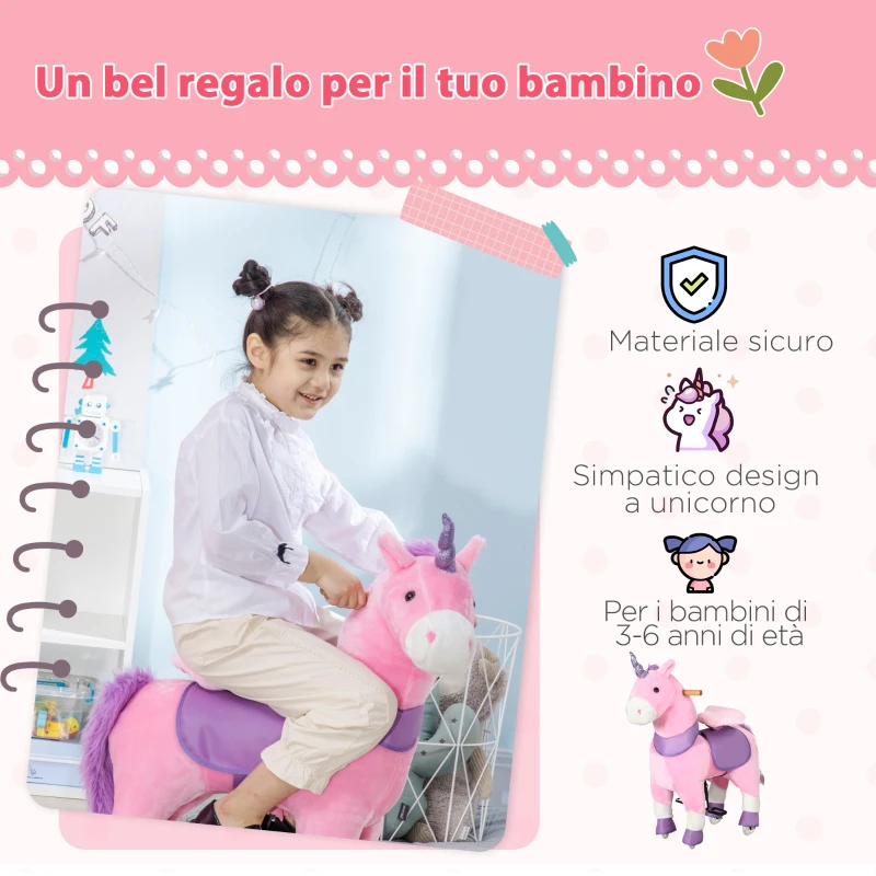 HOMCOM Cavallo a Dondolo con Ruote a Forma di Unicorno per Bambini da 3-6 Anni, 70x32x87cm, Rosa