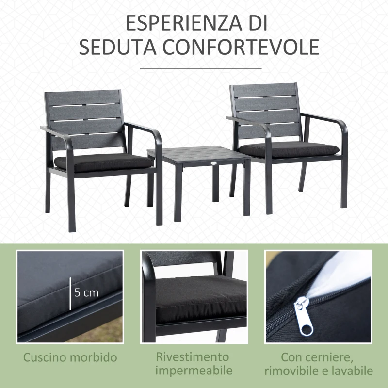 Outsunny Set da Giardino 3 Pezzi con Tavolino e 2 Sedie con Cuscini, Acciaio e Plastica, Grigio Scuro