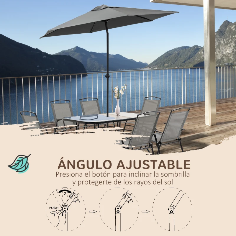 Outsunny Conjunto de Muebles de Jardín 8 Piezas con 6 Sillas Plegables Mesa de Comedor de Vidrio y Sombrilla Inclinable con Manivela Protección del Sol para Terraza Exterior Gris
