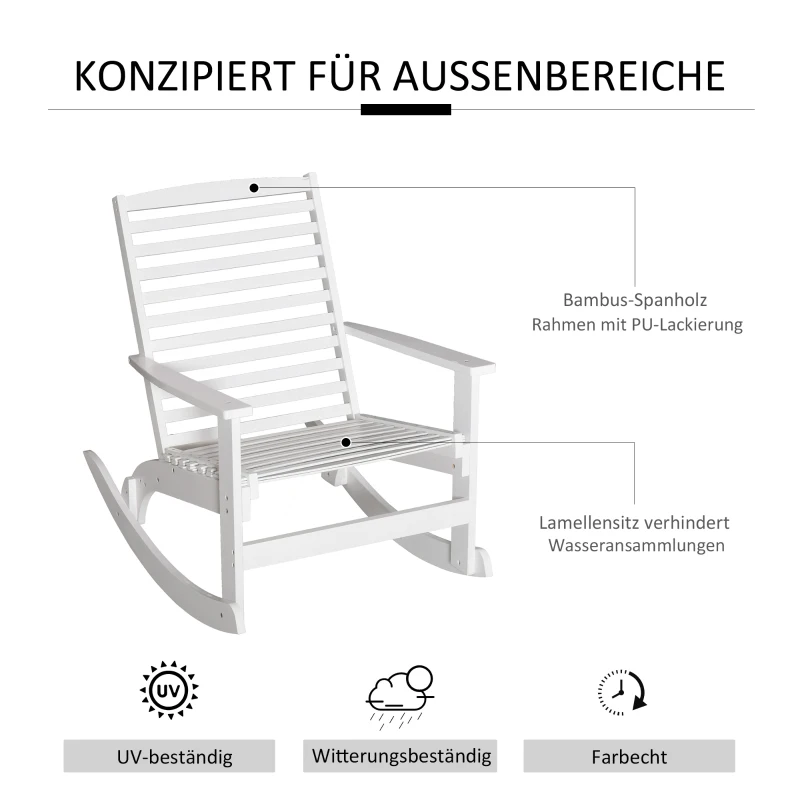 Outsunny Garten Schaukelstuhl Relaxsessel Gartenstuhl Schaukelsessel Bambus Sperrholz Weiß 70 x 100 x 95,5 cm