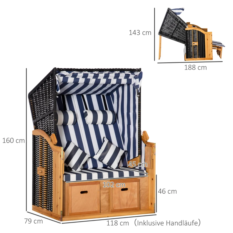 Outsunny Strandkorb, doppelte Sonnenliege mit Dach, inkl. 1Klapptisch, Blau