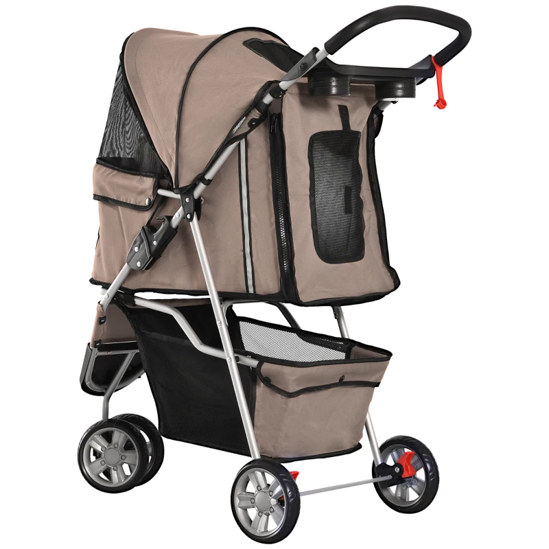 PawHut Poussette buggy pliable animaux, chariot pliant chien chat, porte-gobelet panier de rangement inclus, roues avec frein, tissu 600D Oxford acier, 75 x 45 x 97 cm marron(m-9)