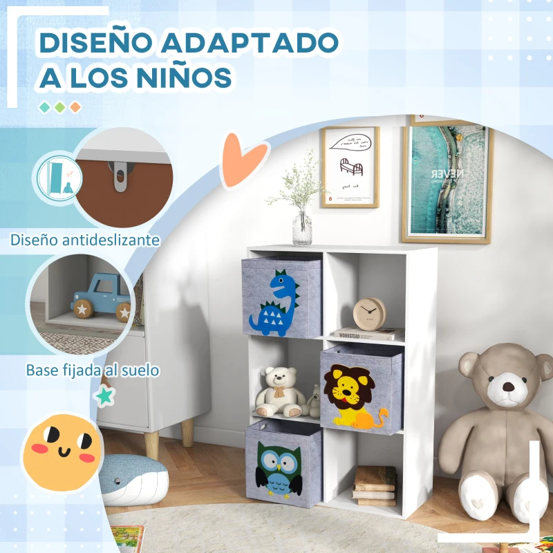ZONEKIZ Librería para Niños de +3 Años con 6 Compartimientos y 3 Cajones de Tela no Tejida 61,8x29,9x91,5 cm Blanco y Gris