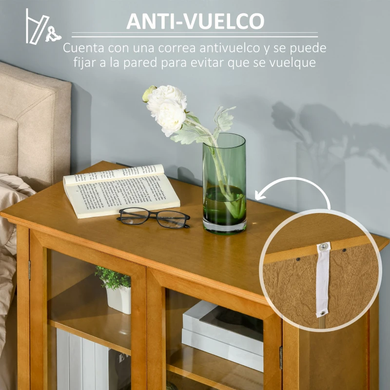 HOMCOM Aparador Auxiliar con 2 Puertas de Vidrio Armario de Salón Multiusos con 2 Estantes Ajustables 66x31,8x86,8 cm Nogal
