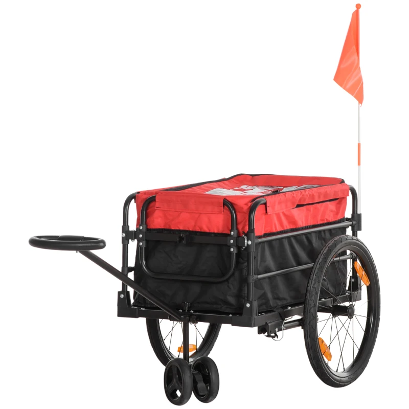 HOMCOM 2 en 1 Remolque de Bicicleta para Carga 40 kg Carro de Mano con Bandera Mango de Empuje Desmontable Marco de Acero y Reflectores 130x64x103 cm Negro y Rojo
