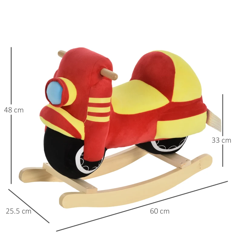 HOMCOM Cavallo a Dondolo per Bambini 18-36 Mesi a Forma di Moto, Cavallo per Bambini Cavalcabile in Legno e Peluche, Suoni Realistici, Max. 40kg, Rosso e Giallo