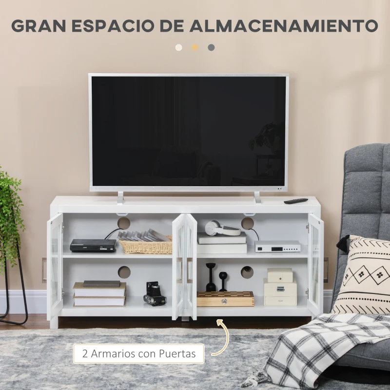 HOMCOM Mueble TV de Salón Mesa para Televisores de hasta 58" con 4 Puertas de Vidrio Estantes Ajustables 130x35x60 cm Blanco