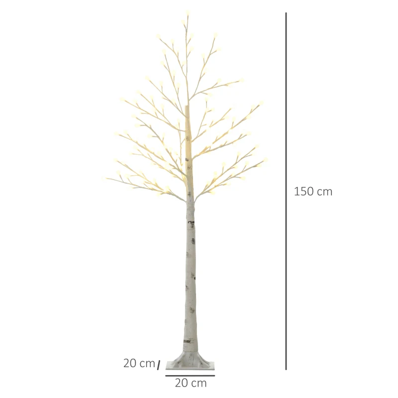 HOMCOM Künstliche Birke mit 120 LED-Lichtern, 3 Helligkeitsstufen, faltbare Äste, IP44, 150 cm, Weiß