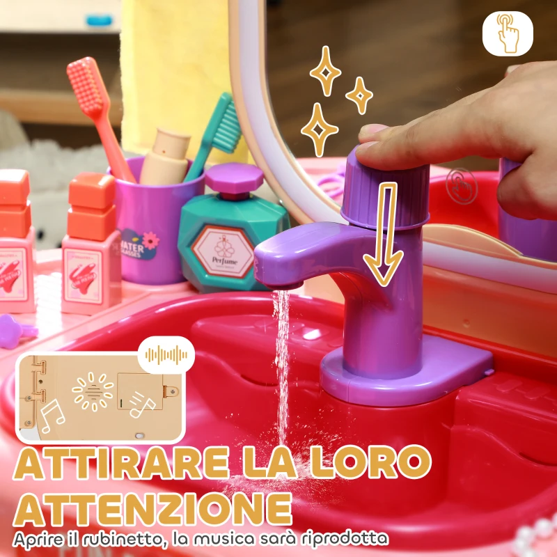 AIYAPLAY Tavolo Toeletta per Bambine 3-6 Anni con Specchio in Acrilico e Rubinetto, in PP e GPPS, 55x29x71 cm, Rosa