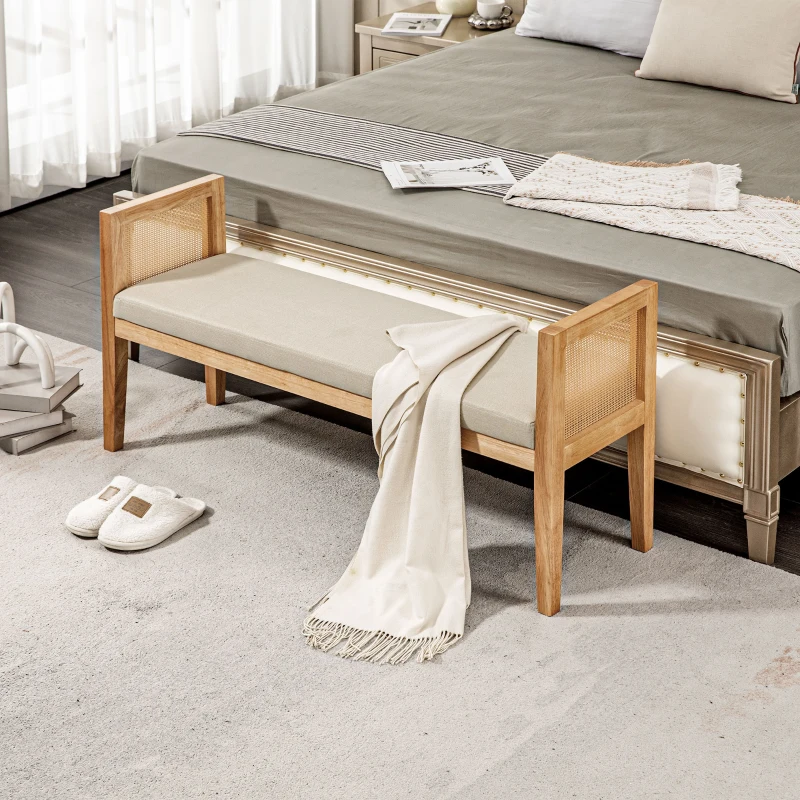 HOMCOM Panca Fondo Letto Boho con Seduta Imbottita e Braccioli in Legno e Rattan, 120x38x61.5cm, Crema