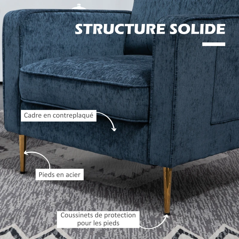 HOMCOM Fauteuil en tissu avec pieds en acier doré, grand confort, pochettes latérales, pour salon, bureau, chambre, bleu