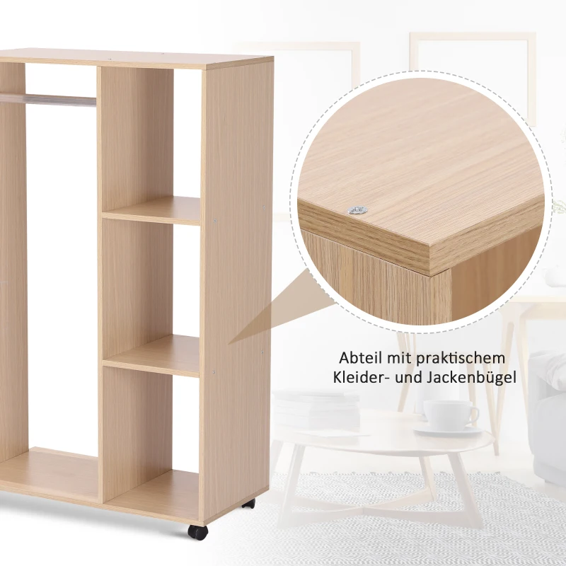 HOMCOM Kleiderschrank auf Rollen, mobile Garderobe, Garderobenschrank, Rollbarer Kleiderständer, 80 x 40 x 128 cm, Natur