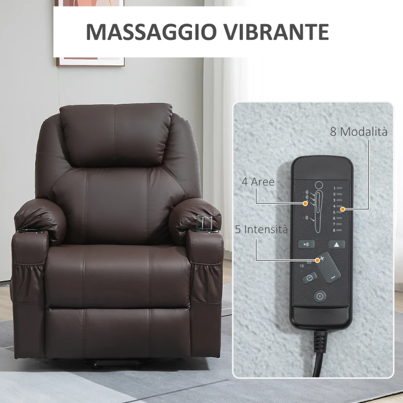 HOMCOM Poltrona Alzapersona Reclinabile fino a 135° con Portabicchieri, Telecomando e Poggiapiedi 88x92x106 cm, Marrone