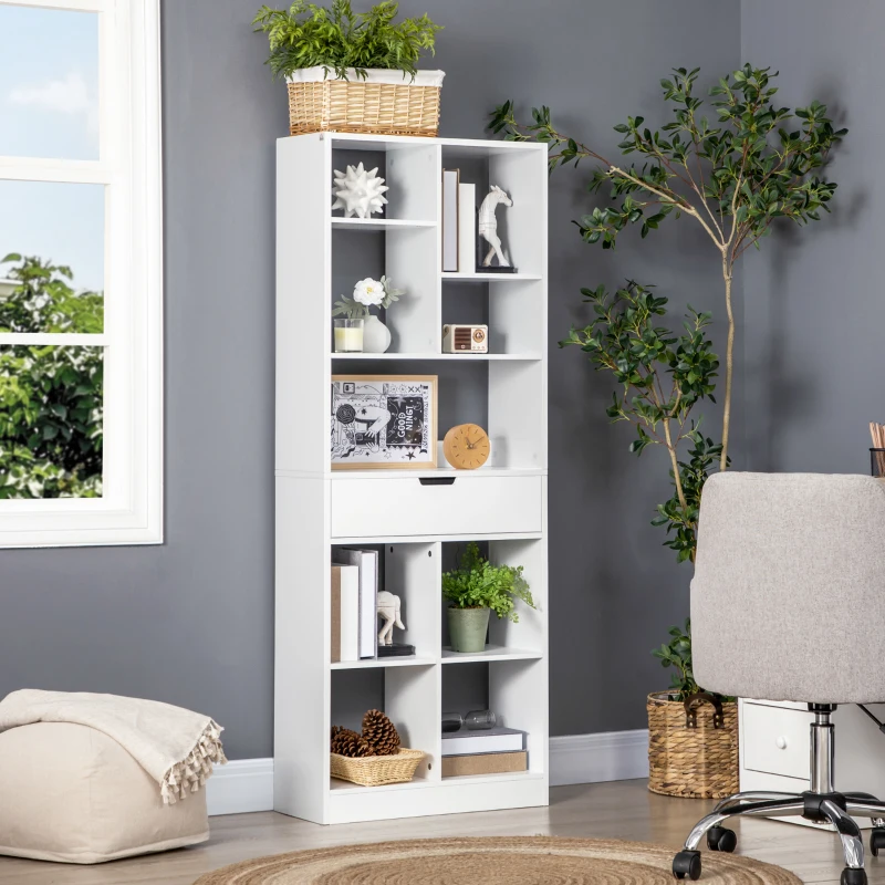 HOMCOM Bücherregal mit 9 Regalen und 1 Schublade, inkl. Anti-Kippsicherung, 60 cm x 26 cm x 158 cm, Weiß