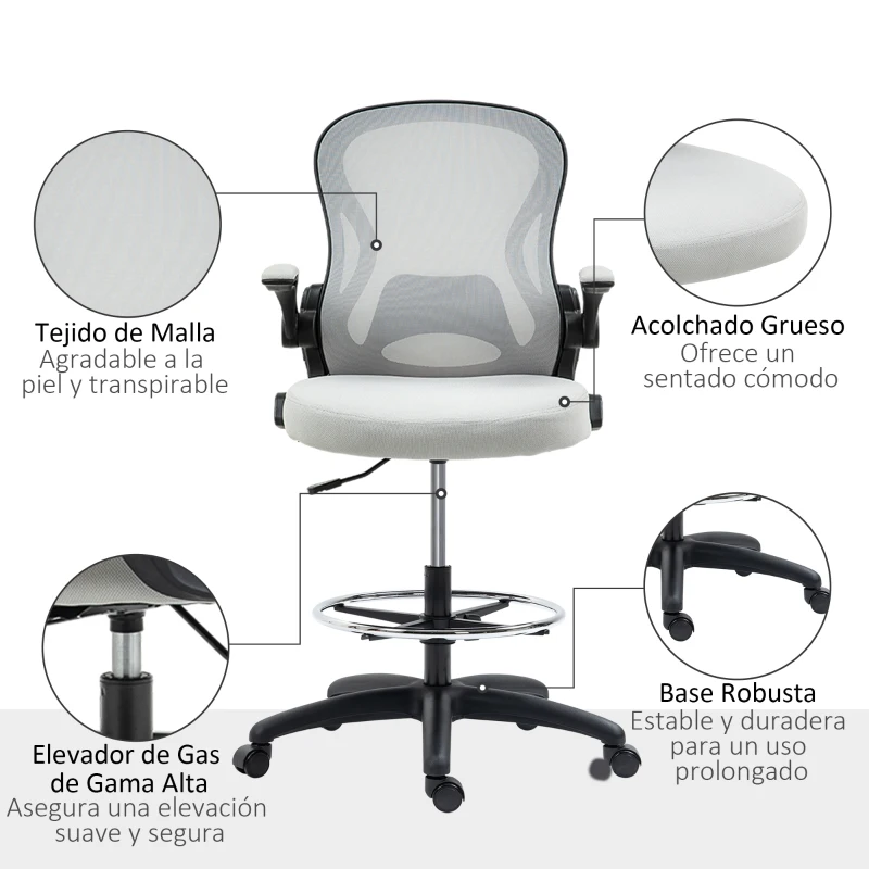 Vinsetto Silla de Dibujo Giratoria con Soporte Lumbar Reposapiés Ajustable y Reposabrazos Abatibles 59x65x102-122 cm Gris Claro