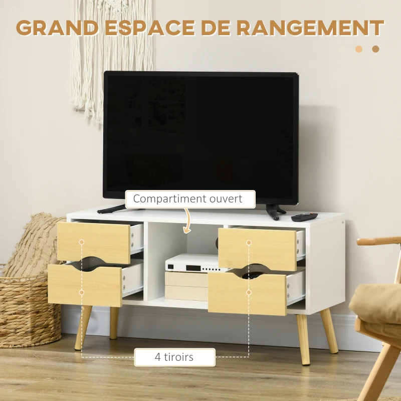 HOMCOM Meuble TV jusqu'à 40 pouces pieds en bois massif 4 tiroirs 1 niche centrale 90 x 30 x 46 cm naturel blanc