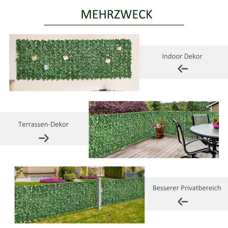 Outsunny Künstlicher Hecken Sichtschutz, UV Geschützt Sichtschutz, Grün Balkon Sichtschutz, Zaun Sichtschutzgitter mit Blättern, Hecken Zaun, WandKünstliche 300 x 100 cm für Garten Hochzeit