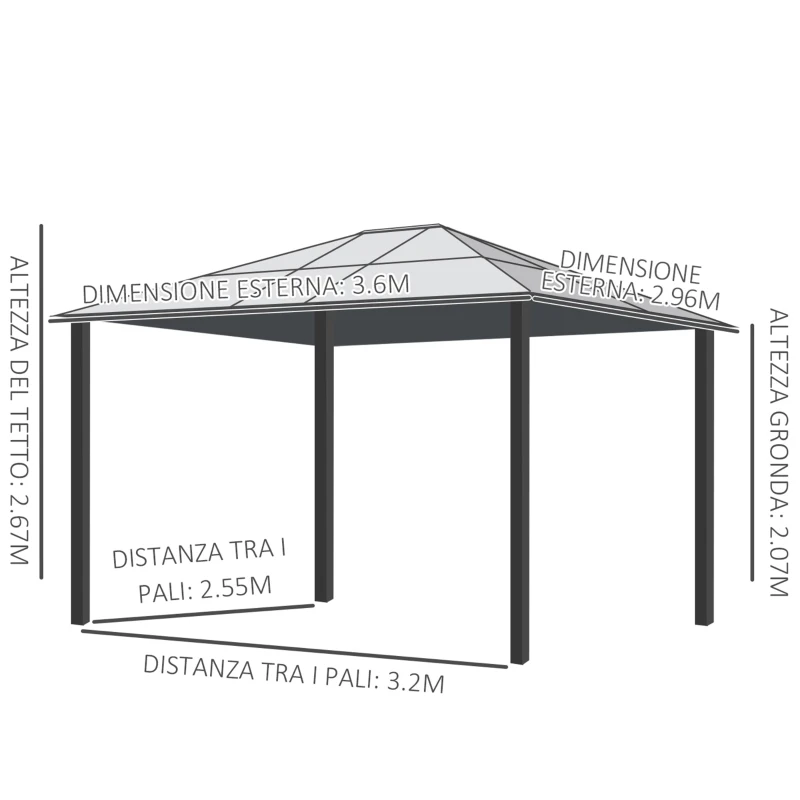 Outsunny Gazebo da Giardino in Acciaio, Alluminio e Poliestere con Tetto in Policarbonato e Zanzariere, 2.94x3.60x2.67 m