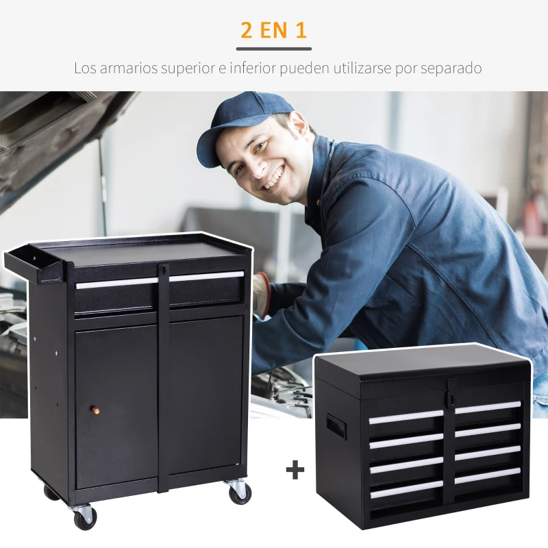 DURHAND Carro de Herramientas con Ruedas Taller Móvil con 5 Cajones Armario de Almacenaje y Alfombra Antideslizante Carga 52 kg para Garaje 60x28x104,5 cm Negro