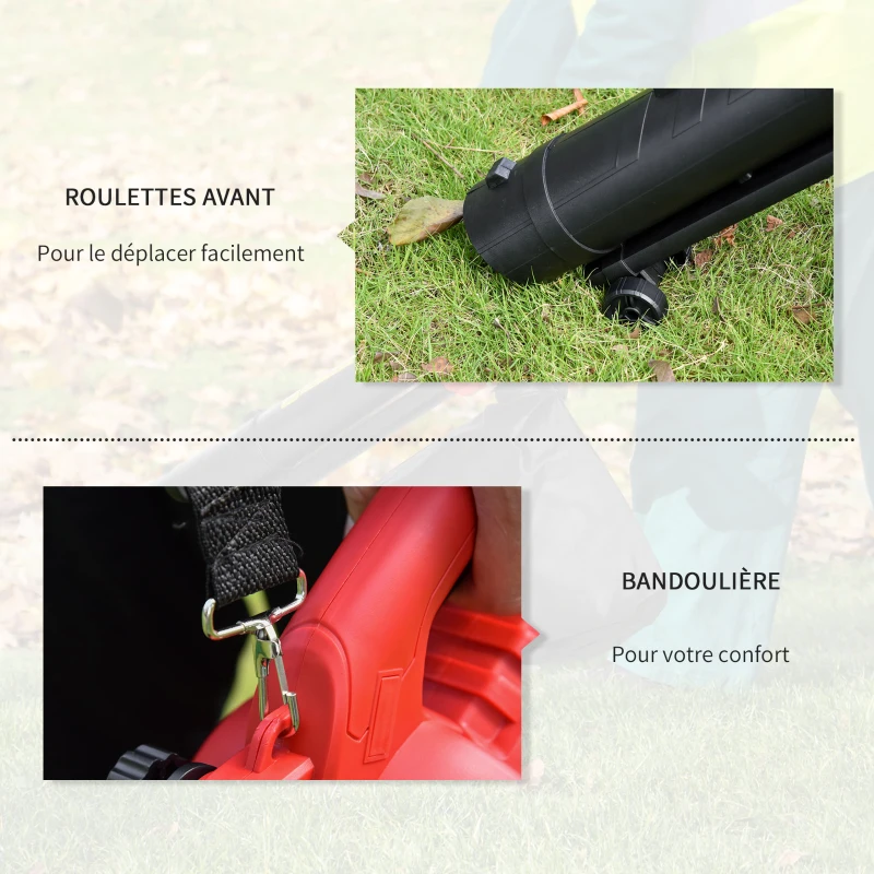 Outsunny Souffleur aspirateur broyeur à Feuilles 3000 W - Sac ramassage 45 L - roulettes & bandoulière - PP Rouge Noir