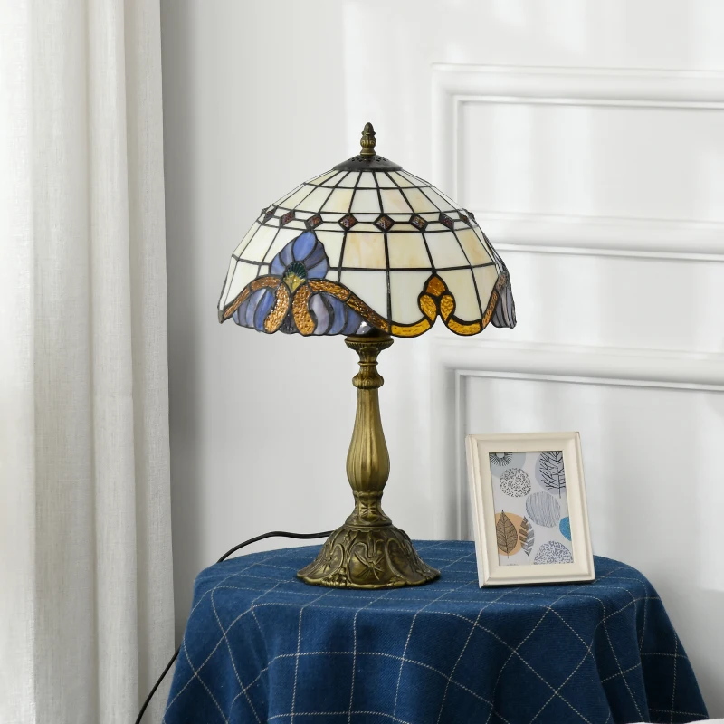 HOMCOM Lámpara de Mesa Hecha a Mano Estilo Clásico Lámpara de Noche de Vidrio para Dormitorio Salón Ø30x48 cm Multicolor