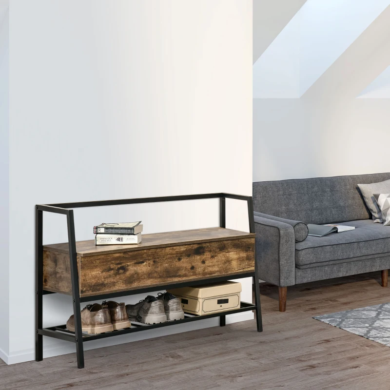 HOMCOM Mobile Scarpiera in Stile Industriale con Vano, Panca Scarpiera Vintage Salvaspazio in Legno e Metallo, Marrone Rustico, 90x37x60cm