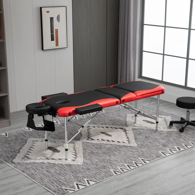 HOMCOM Mobile Massageliege 3 Zonen Klappbar Massagetisch mit Kopfstütze Armlehne Tragetasche höhenverstellbare Aluminium Massagebett tragbar inkl. Zubehör Massagebank bis 225 kg Belast Rot