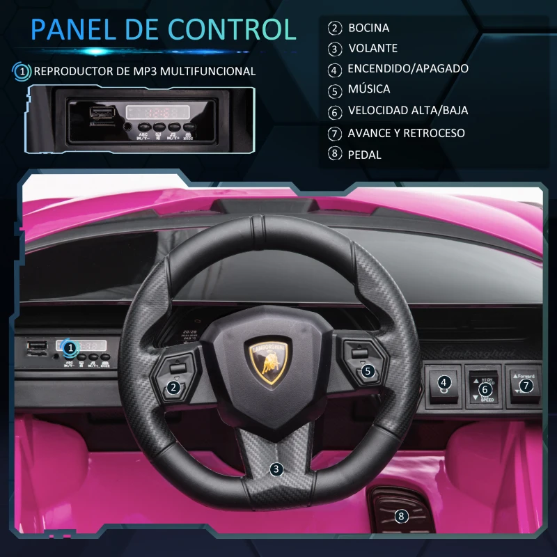 HOMCOM Coche Eléctrico para Niños de +3 Años Lamborghini SIAN Coche de Batería 12V con Mando a Distancia Apertura de Puerta Música MP3 USB y Faros 3-5 km/h 108x62x40 cm Rosa