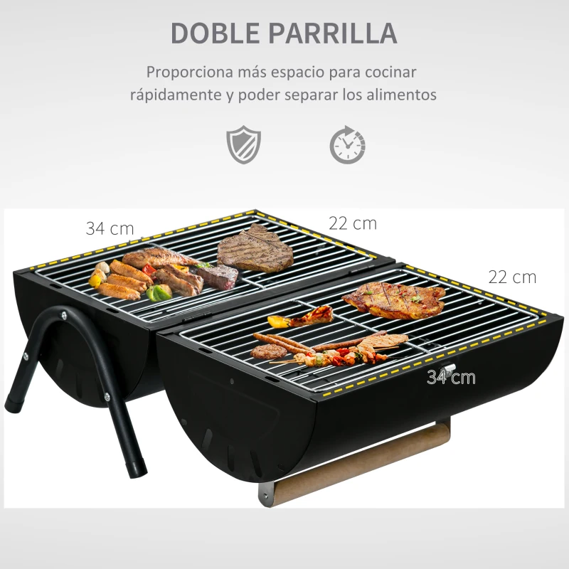 Outsunny Barbacoa de Carbón Portátil Barbacoa Sobremesa con 2 Parrillas Cocina con Asa y Cierre para Asar Picnic Camping Fiesta 42x29x45 cm Negro