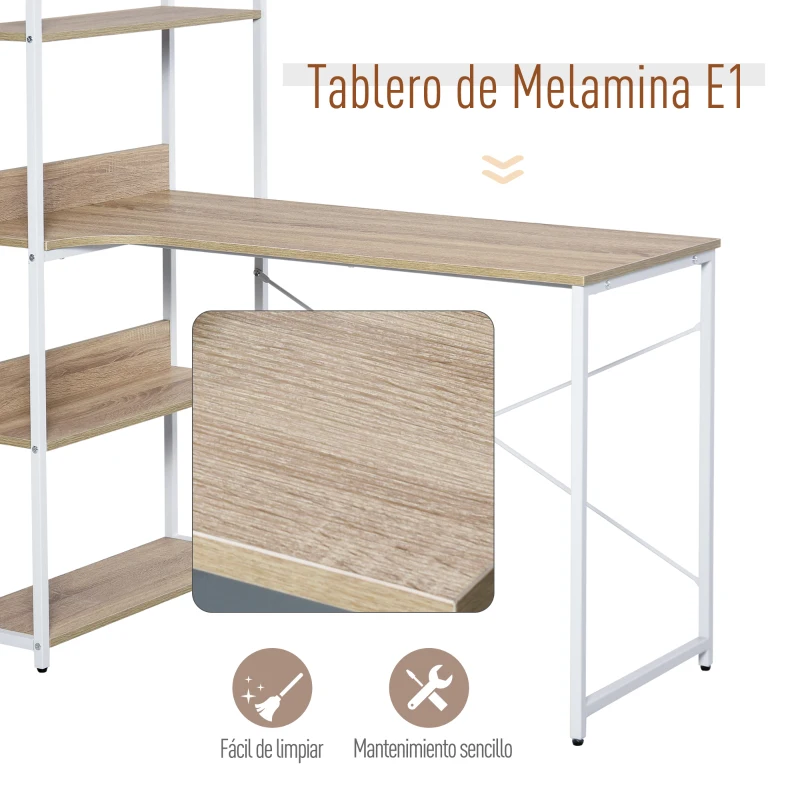 HOMCOM Mesa de Ordenador Multifuncional Escritorio Estilo Industrial Vintage con 4 Estantes para Despacho Casa Estudio 120x70x120 cm Blanco Roble