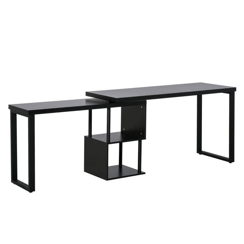 HOMCOM Mesa Escritorio en L Mesa para Oficina Giratoria 360 Grados Múltiples Formas con Estante en S de 2 Niveles Gran Espacio de Almacenaje 220x55x76 cm Negro