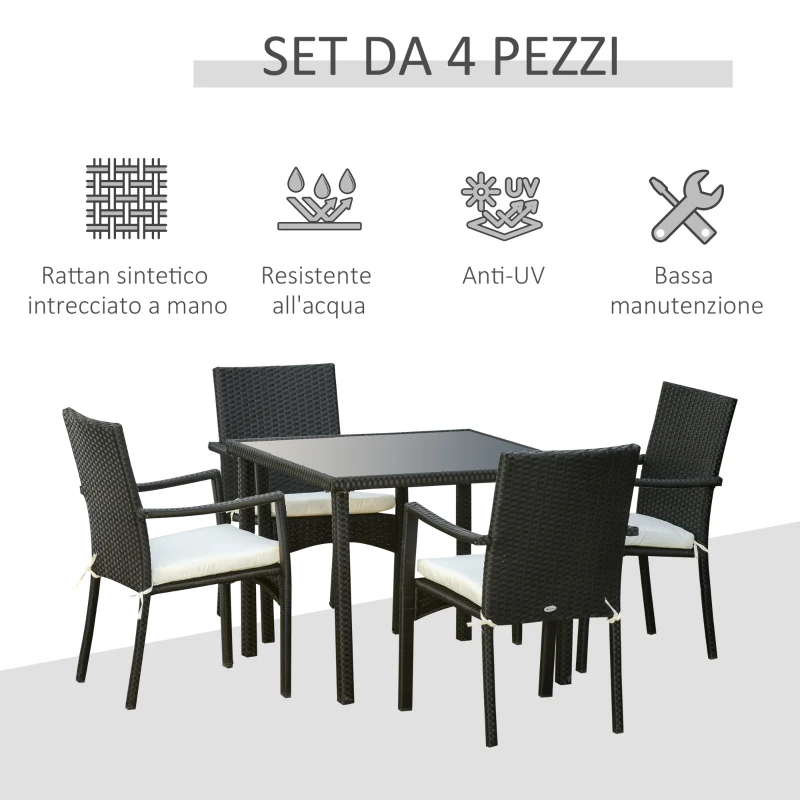 Outsunny Set 4 Sedie da Giardino e Tavolo con Ripiano in Vetro, Arredamento da Esterno in Rattan PE e Metallo, Nero