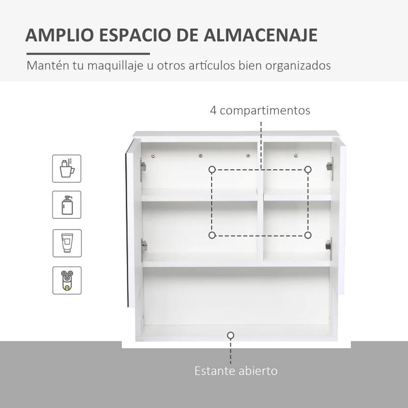 kleankin Armario de Baño con Espejo Mueble Auxiliar Montado en Pared con Estane Abierto y 2 Puertas con Balda Interior Ajustable 54x15x55 cm Blanco
