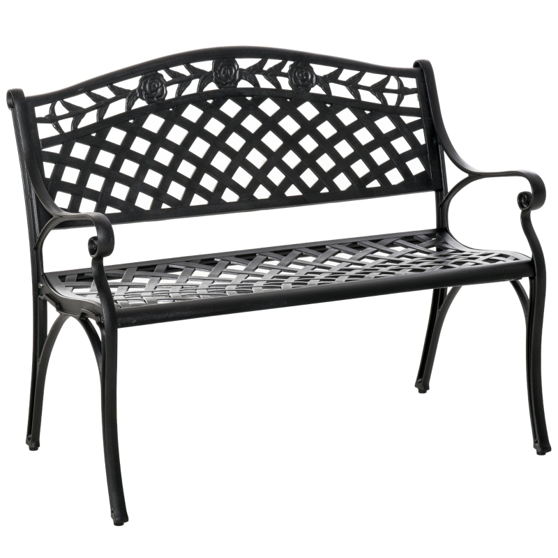 Outsunny 2-Sitzer Sitzbank Alu Gartenbank Metallbank Bank mit Armlehnen Landhausstil Schwarz 102,5 x 61 x 84 cm 2er-Gartenbank Gartensitzmöbel Metall Armlehne