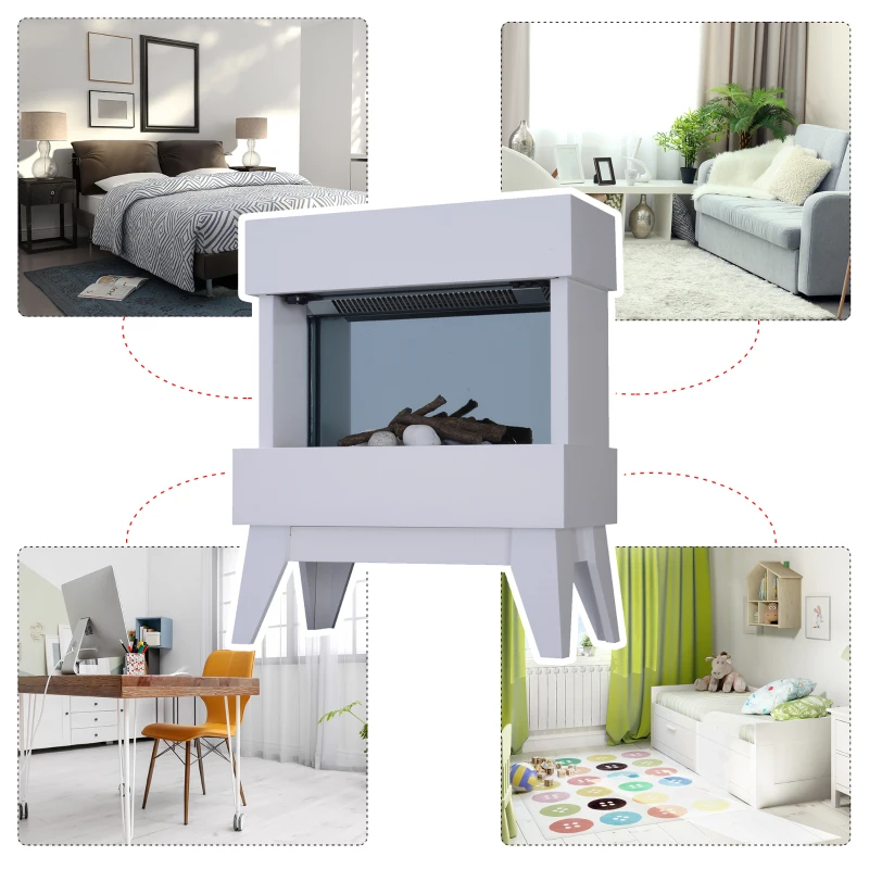 HOMCOM Cheminée électrique poêle design contemporain sur pieds effets flammes LED 3D dim. 51L x 23l x 63H cm éléments décoratifs inclus blanc