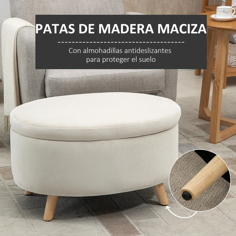 HOMCOM Otomana Puff Tapizada en Terciopelo Acolchada Taburete de Almacenaje con Tapa Extraíble y Patas de Madera para Dormitorio Salón Pasillo 71x51,5x42 cm Beige