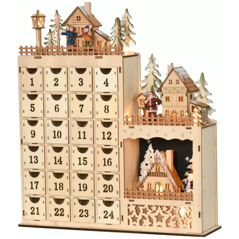 HOMCOM Calendario Avvento di Natale Rettangolare con Motivi a Tema e 12 Luci a LED, 22x9x30 cm, in Compensato, Arancione